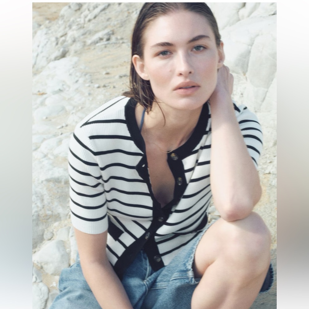 ✨NWT✨ H&M Striped Rib Short-sleeved Cardigan (M) - Picture 3 of 7